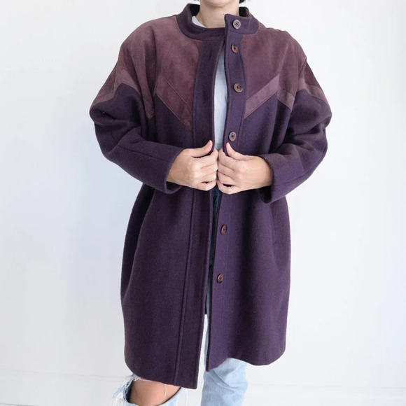 Vintage Liz Moody Purple 75% Wool with Suede Detail Button Up Pea Coat 16  W - Picture 2 of 16